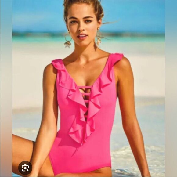 Lilly Pulitzer Carmen bright pink Ruffle deep v strappy one piece swimsuit SZ 10 - Picture 1 of 10